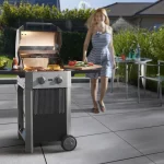 E-Grill mit Grillgut im Garten