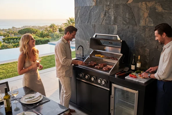 zwei Männer und eine lachende Frau stehen an der Outdoorküche Liverpool und grillen