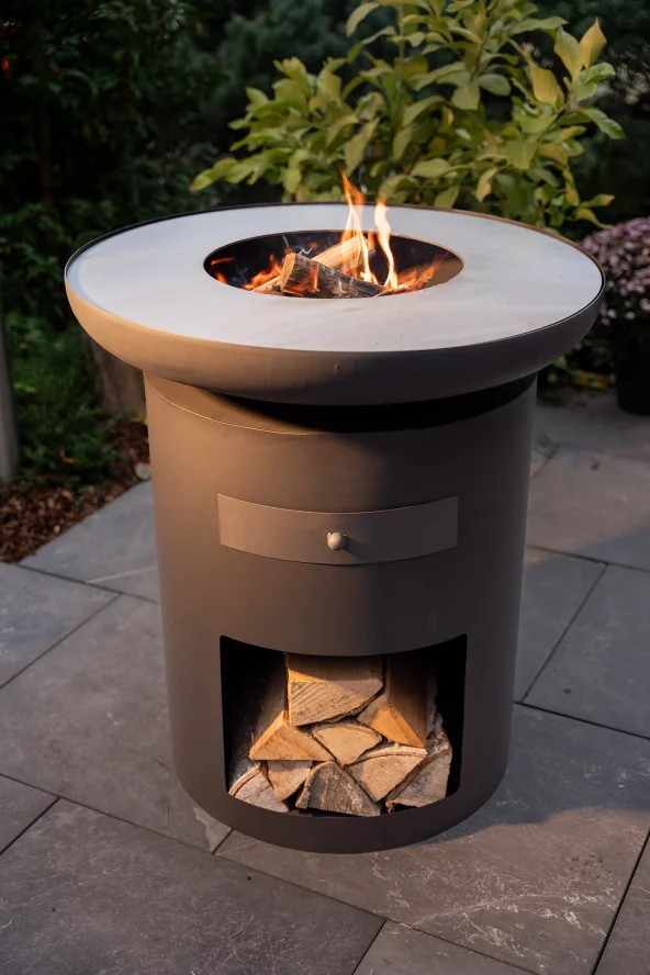 Planchagrill mit Feuer und Holz in der Ablage