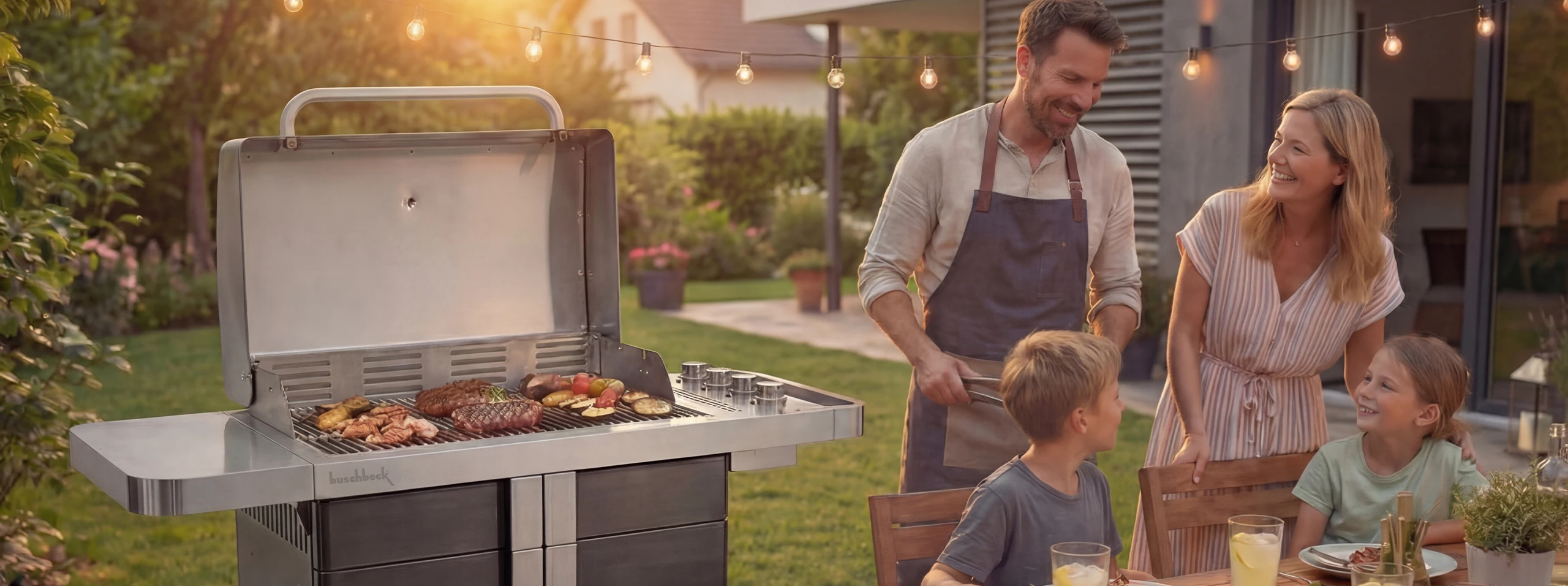 Eine Familie mit zwei Kindern befindet sich an einem Tisch im Garten nahe dem Buschbeck-Gas-Grill P1000