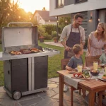 Eine Familie mit zwei Kindern befindet sich an einem Tisch im Garten nahe dem Buschbeck-Gas-Grill P1000
