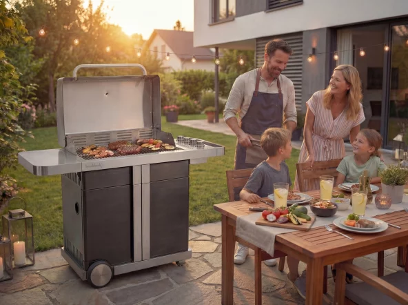 Eine Familie mit zwei Kindern befindet sich an einem Tisch im Garten nahe dem Buschbeck-Gas-Grill P1000